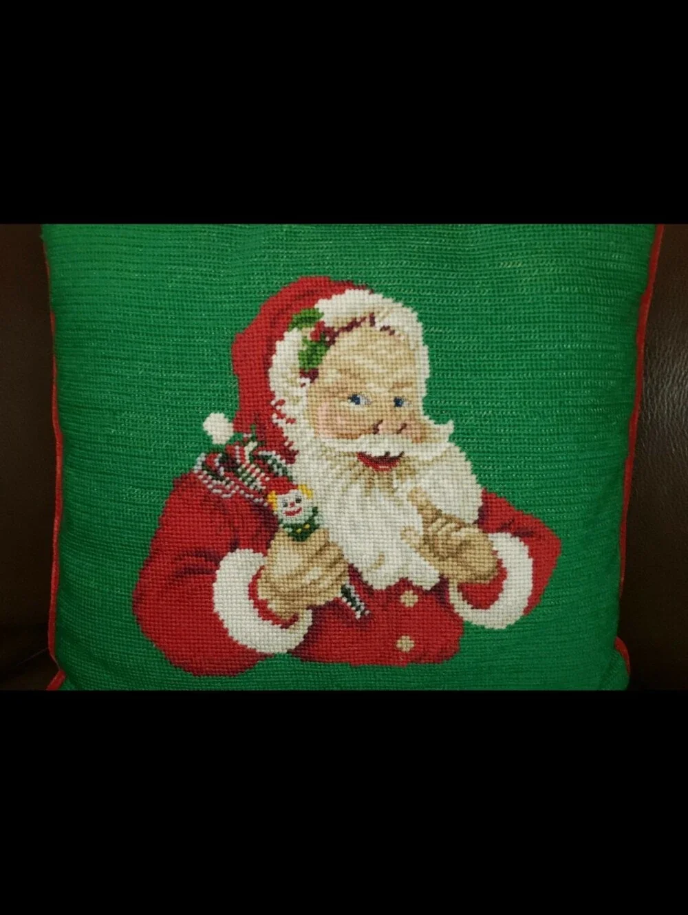 Vintage Mischievous Looking Santa With Jester/Clown Toy Needlepoint Pillow
